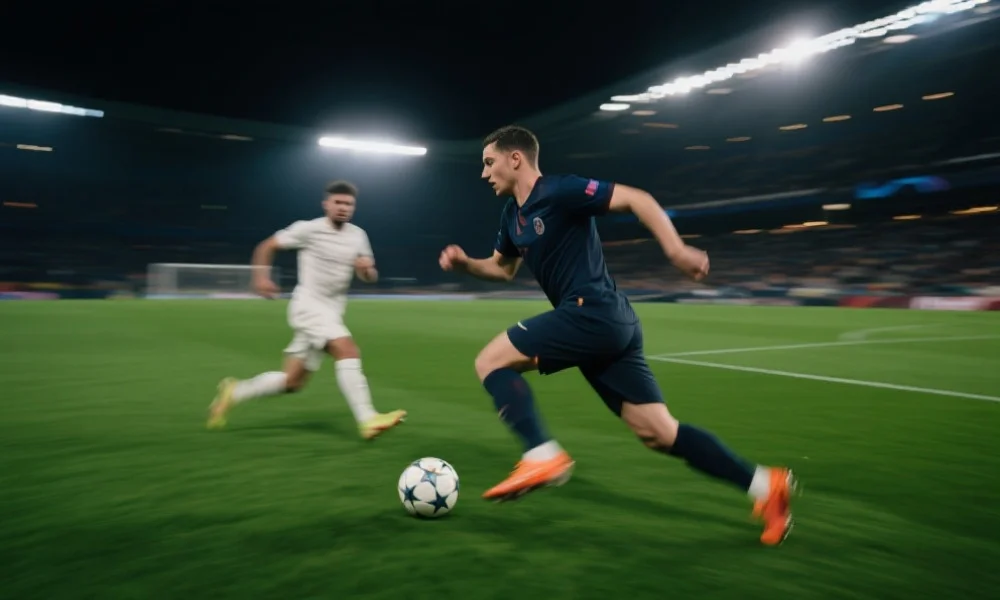 一名足球运动员在比赛中带球突破