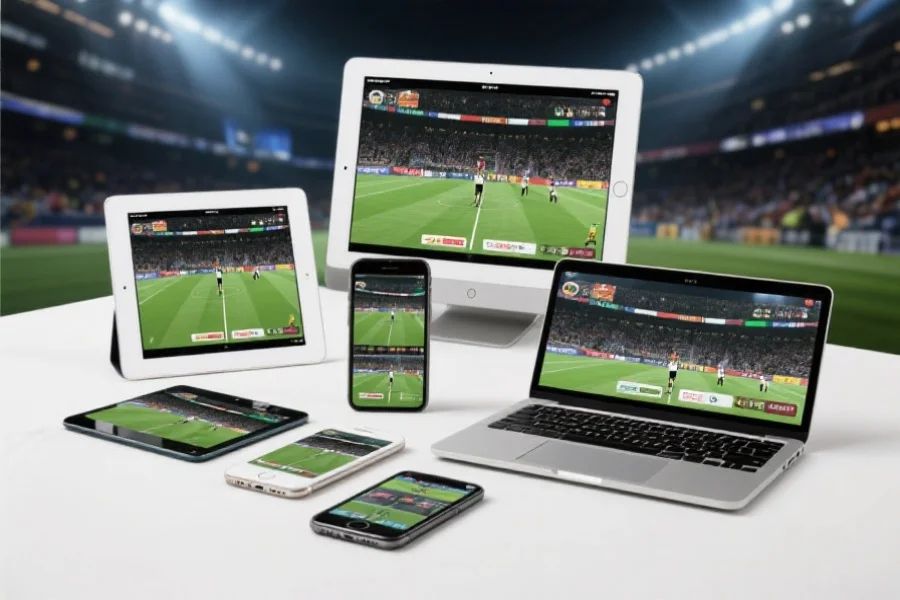 多种智能设备（手机、平板、笔记本电脑）上同时显示体育赛事画面，展现跨平台无缝体验